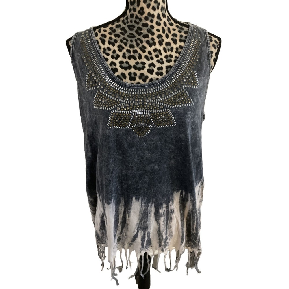 Maurices Top L Boho Hippie Gray Tye Die Studded Collar Fringe Hem Razor Back